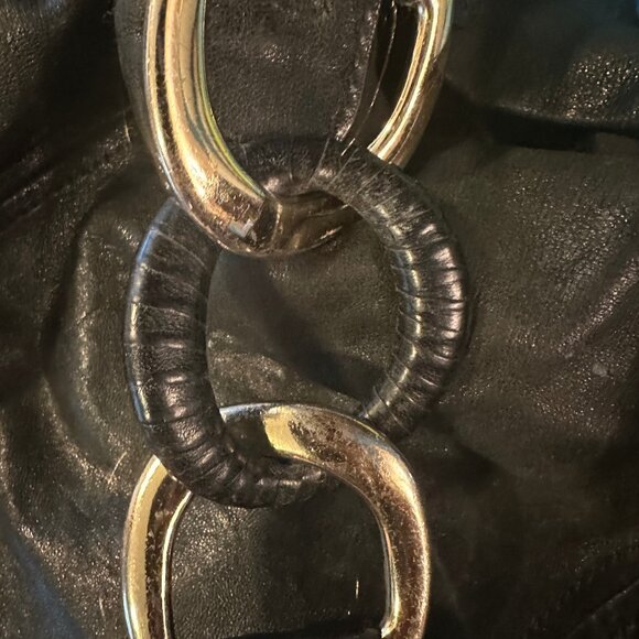 Michael Kors Black Leather Shoulder Purse with Gold Strap Links and Gold Pendant - Picture 6 of 16